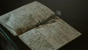 Página de libreta escrita a mano con una ramita de romero colocada en el centro