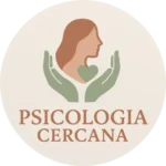 Logotipo Psicología Cercana. Muestra la silueta de una mujer de perfil y dos manos abiertas sosteniendo un corazón, símbolo de cuidado y bienestar