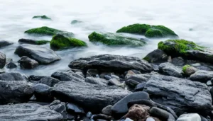Corriente de agua rodeada de rocas naturales, formando un paisaje sereno